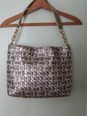 Elliott Lucca woven leather gold, silver and tan metallic shoulder bag